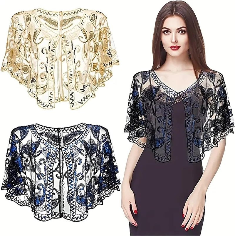 Cashew Black Gold Sequined Evening Shawl Luxurious Beaded Cape for Weddings and Parties - Image 3