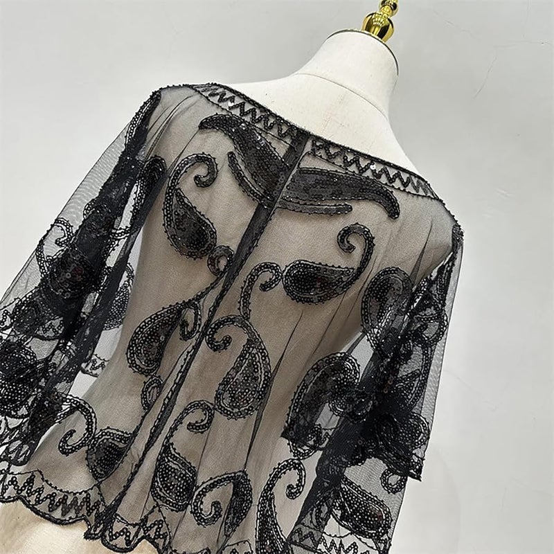 Cashew Black Gold Sequined Evening Shawl Luxurious Beaded Cape for Weddings and Parties - Image 4
