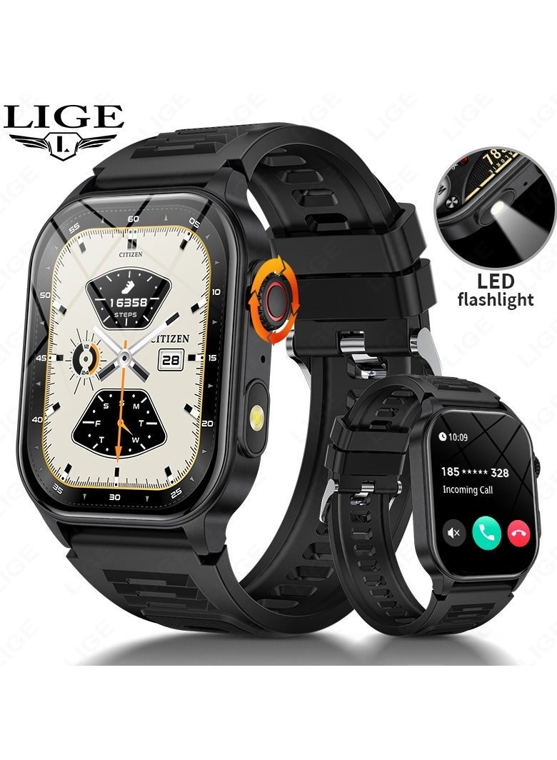 لييج ساعة ذكية للرجال مع مصباح يدوي LED 2.01 بوصة شاشة كبيرة عالية الدقة بطارية كبيرة مناسبة للأنشطة الخارجية / الرياضة / التمرين مكالمة بلوتوث صوت الذكاء الاصطناعي مقاوم للماء حزام سيليكون أسود - Image 1
