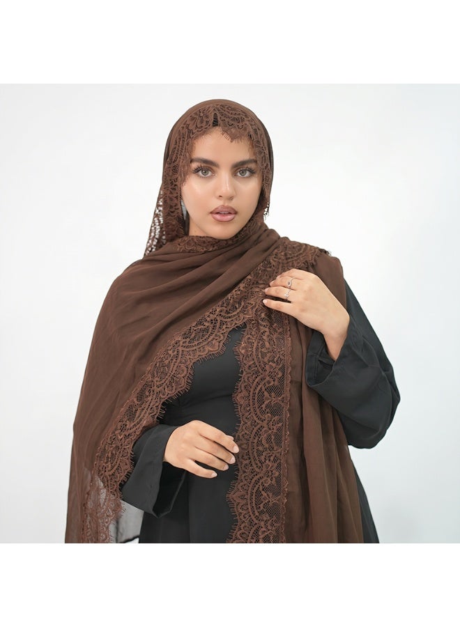 وشاح نسائي من الرايون السادة المزين بالدانتيل: شال وغطاء رأس مساميان - Image 1