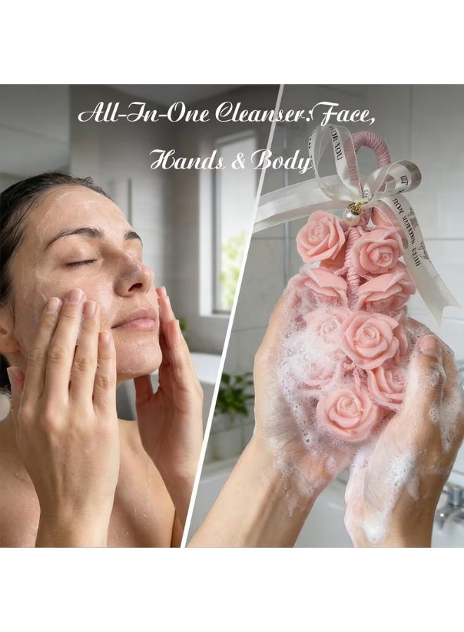 صابون معطر لطيف على البشرة، تصميم باقة ورود وردية يدوي الصنع، صابون معلق مزين بشريط أنيق، زينة عطرية للحمام والخزانة، ديكور منزلي فاخر، هدية لحفلات الزفاف والذكرى والمناسبات - Image 3
