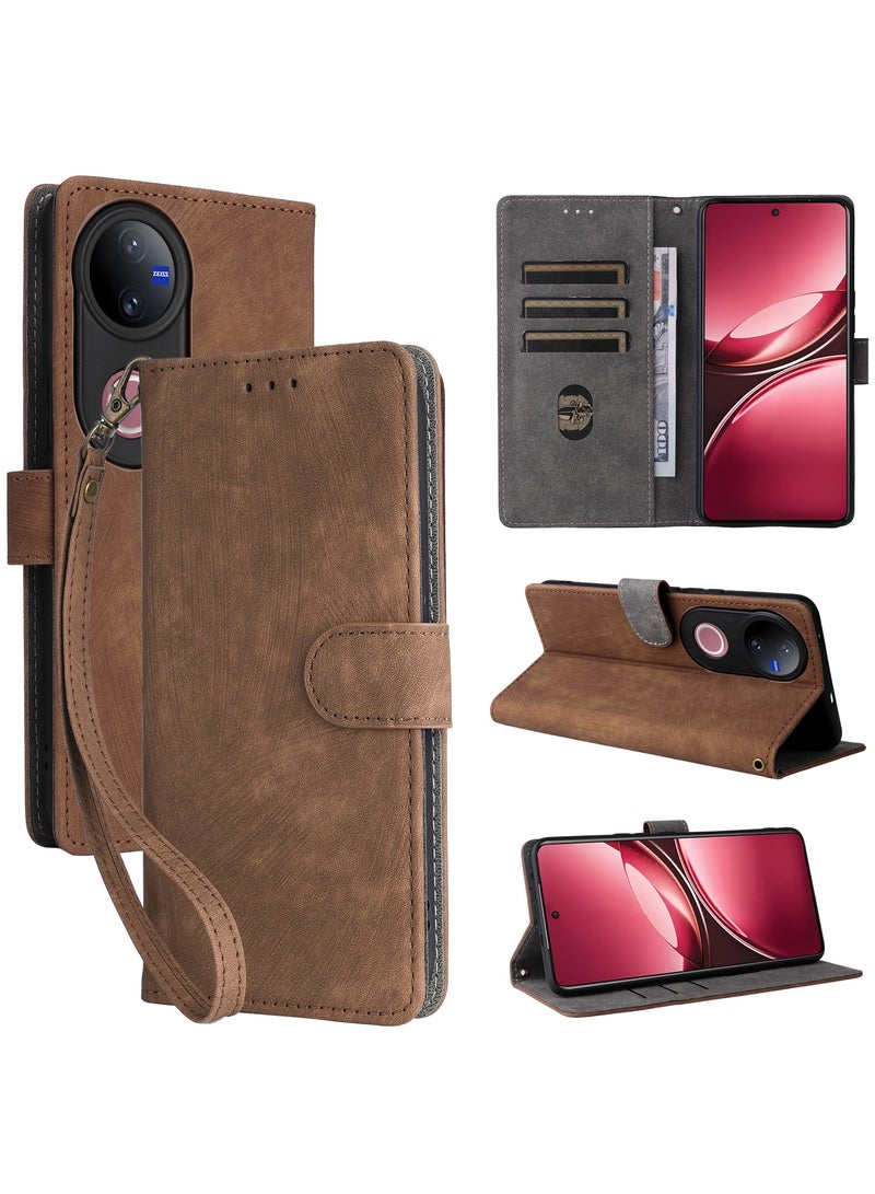 For Vivo V50 Flip Cover with Hand Strap, PU Leather Full Body Protection Shockproof Flip Mobile Cover, RFID Anti-theft Brush Folio Wallet Phone Case - Image 1