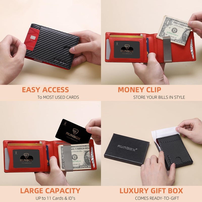 RUNBOX Slim Money Clip Wallets for Men and Teen Boys RFID Blocking 11 Card Holder Minimalist Small Leather Bifold Novelty Men's Wallet Front Pocket Gift Box - Image 3