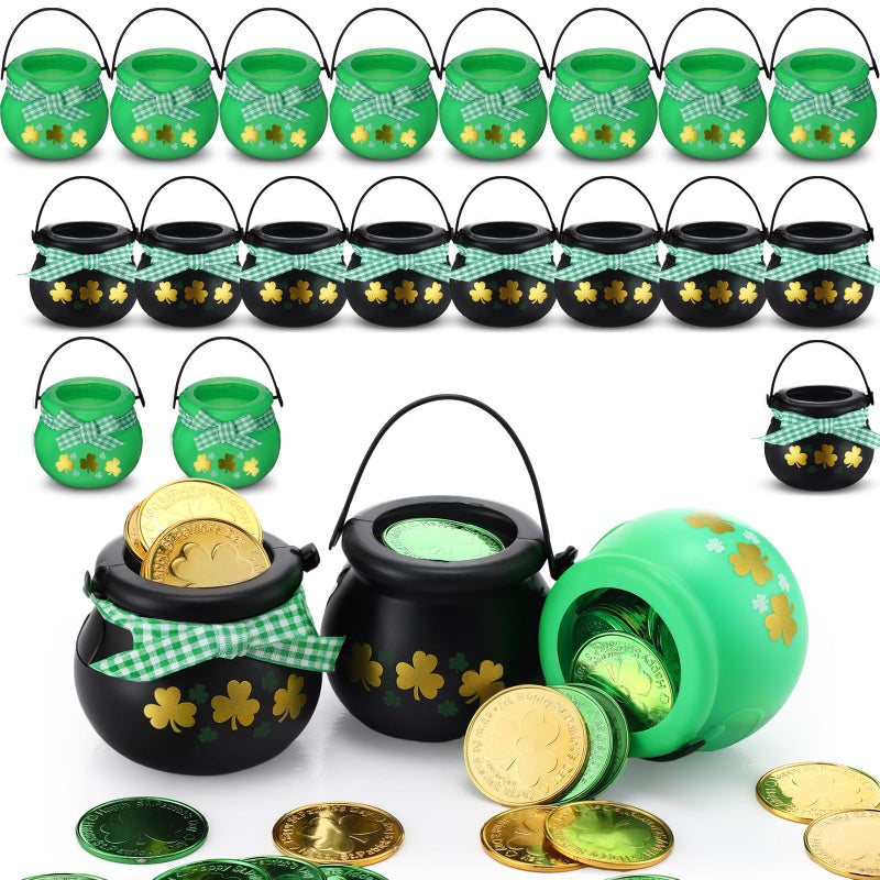 MiniInflat 265 Pcs St Patrick's Day Mini Cauldrons Set 24 Pot of Gold 240 Gold Green Plastic Small Ornaments Bulk Patricks Pot with Ribbon for St. Patrick Party Favor(Black, Green,Colorful Shamrock) - Image 1