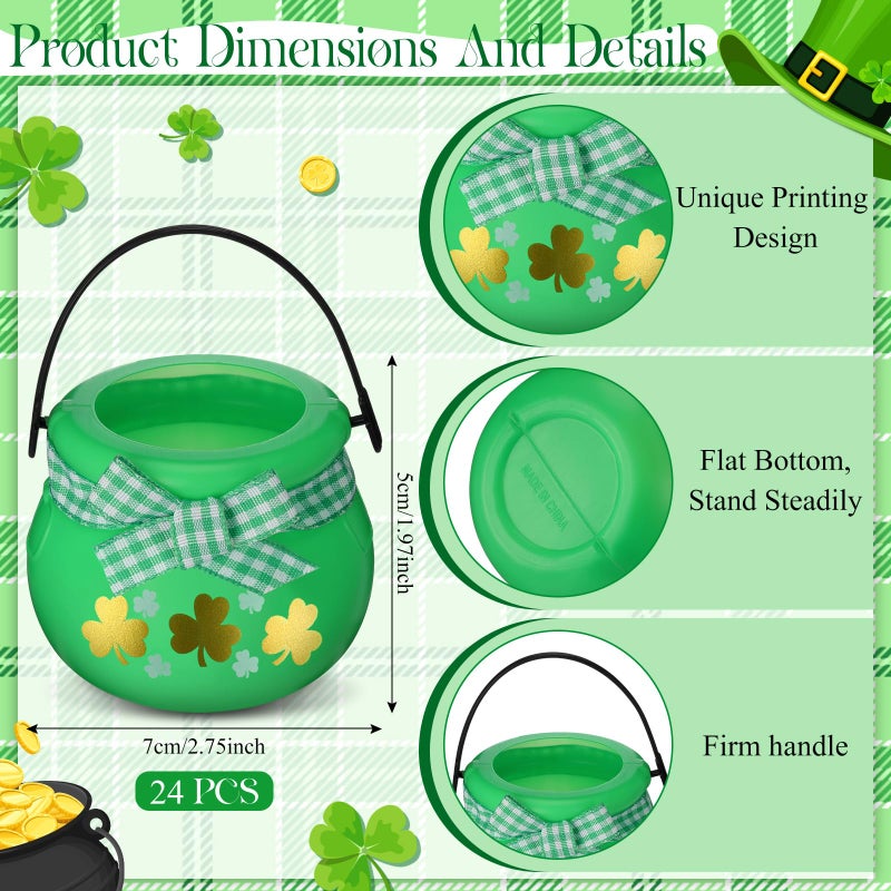 MiniInflat 265 Pcs St Patrick's Day Mini Cauldrons Set 24 Pot of Gold 240 Gold Green Plastic Small Ornaments Bulk Patricks Pot with Ribbon for St. Patrick Party Favor(Black, Green,Colorful Shamrock) - Image 2