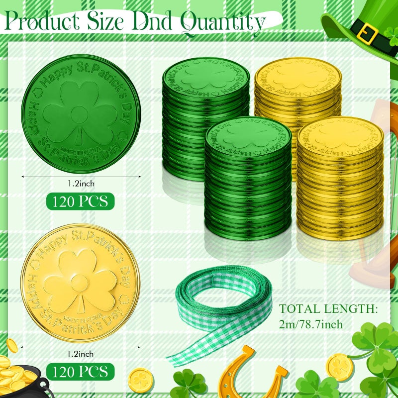 MiniInflat 265 Pcs St Patrick's Day Mini Cauldrons Set 24 Pot of Gold 240 Gold Green Plastic Small Ornaments Bulk Patricks Pot with Ribbon for St. Patrick Party Favor(Black, Green,Colorful Shamrock) - Image 3