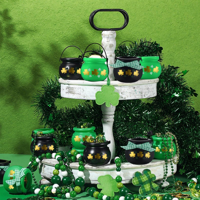 MiniInflat 265 Pcs St Patrick's Day Mini Cauldrons Set 24 Pot of Gold 240 Gold Green Plastic Small Ornaments Bulk Patricks Pot with Ribbon for St. Patrick Party Favor(Black, Green,Colorful Shamrock) - Image 5