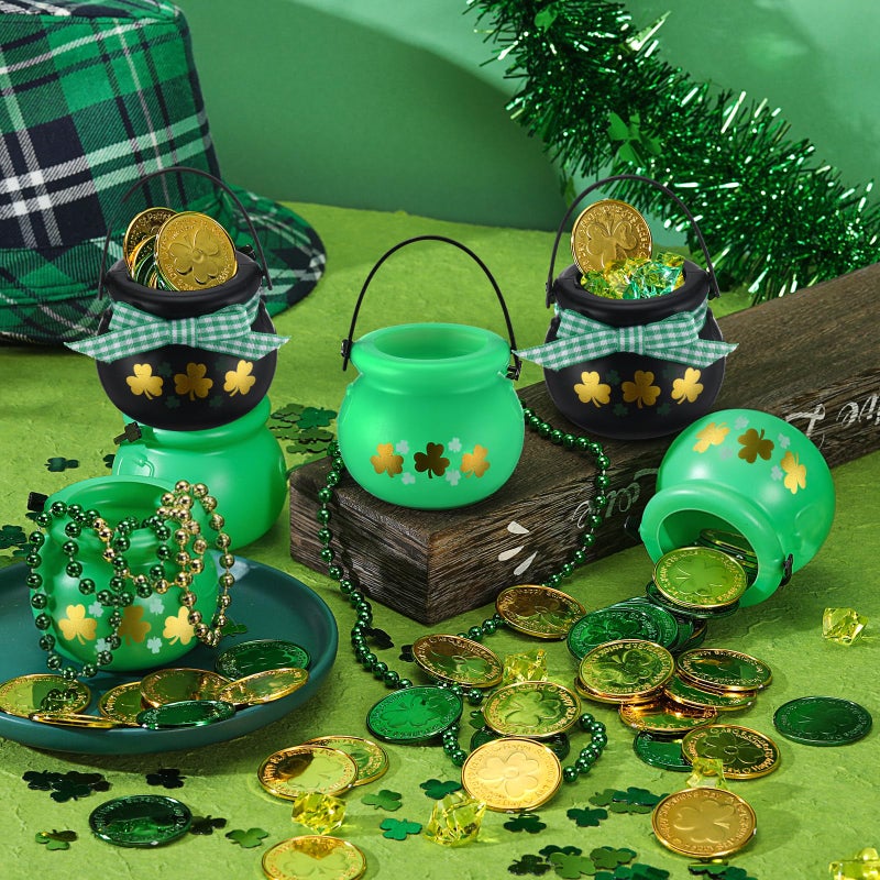 MiniInflat 265 Pcs St Patrick's Day Mini Cauldrons Set 24 Pot of Gold 240 Gold Green Plastic Small Ornaments Bulk Patricks Pot with Ribbon for St. Patrick Party Favor(Black, Green,Colorful Shamrock) - Image 4