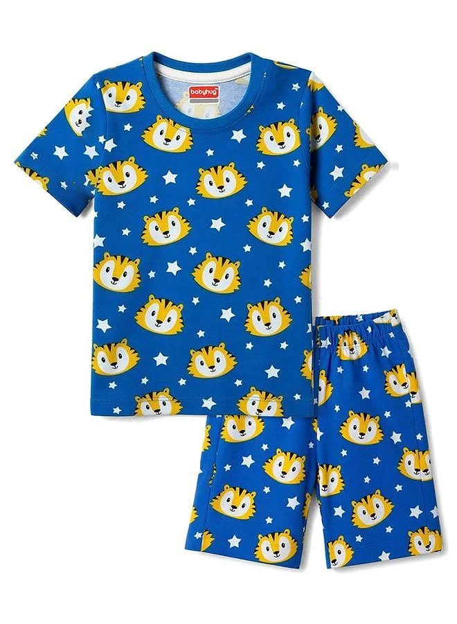 Babyhug Babyhug Cotton Knit Half Sleeves Co-Ords Short Pajama Set with Tiger Print - Royal Blue