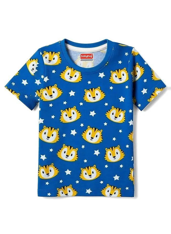 Babyhug Babyhug Cotton Knit Half Sleeves Co-Ords Short Pajama Set with Tiger Print - Royal Blue
