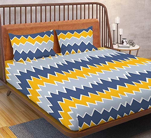Luxury Trends Luxury Trends Cotton 180 TC Printed Bedsheet for Double Bed with 2 King Size Pillow Covers for Summer Breathable Soft Wrinklefree Soft Touch Skin Friendly 90x90 Inches Yellow Blue 