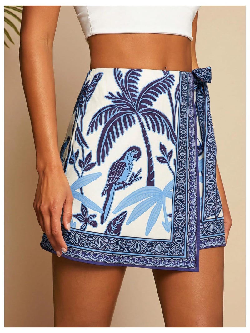 MakeMeChic Women's Summer Boho Wrap Mini Skirt Beach Vacation Short Skirts Blue and White X-Large - Image 2