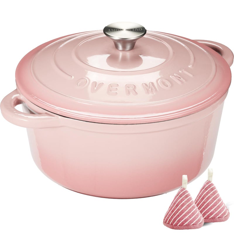 Overmont Enameled Cast Iron Dutch Oven 55QT Pot with Lid Cookbook Cotton Potholders HeavyDuty Cookware for Braising Stews Roasting Bread Baking pink
