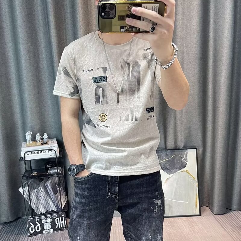 Trendy Brand Round Neck Short-Sleeved T-Shirt Men'S Printed Ice Silk T-Shirt Summer Men'S Fashion Casual Half-Sleeved Top Trendy - Image 1