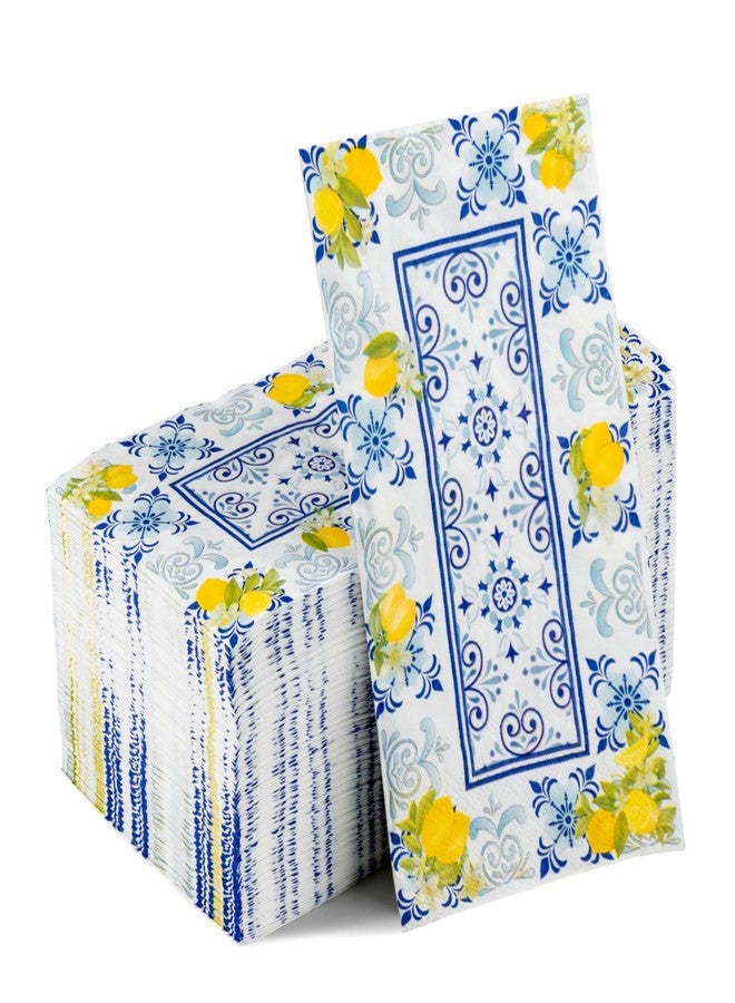 GROBRO7 100 Pcs Capri Lemons Napkins Cyan-Blue Tile Pattern Disposable Guest Towels 3 Ply Bathroom Restaurant Paper Hand Towels for Spring Summer Holiday Birthday Italian Theme Party Supplies - Image 1