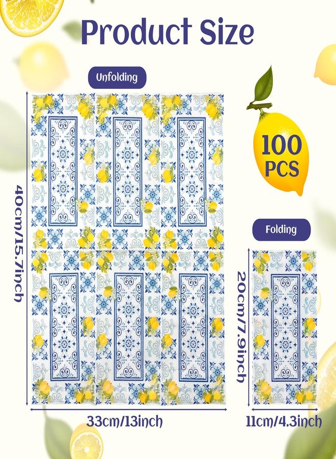 GROBRO7 100 Pcs Capri Lemons Napkins Cyan-Blue Tile Pattern Disposable Guest Towels 3 Ply Bathroom Restaurant Paper Hand Towels for Spring Summer Holiday Birthday Italian Theme Party Supplies - Image 2