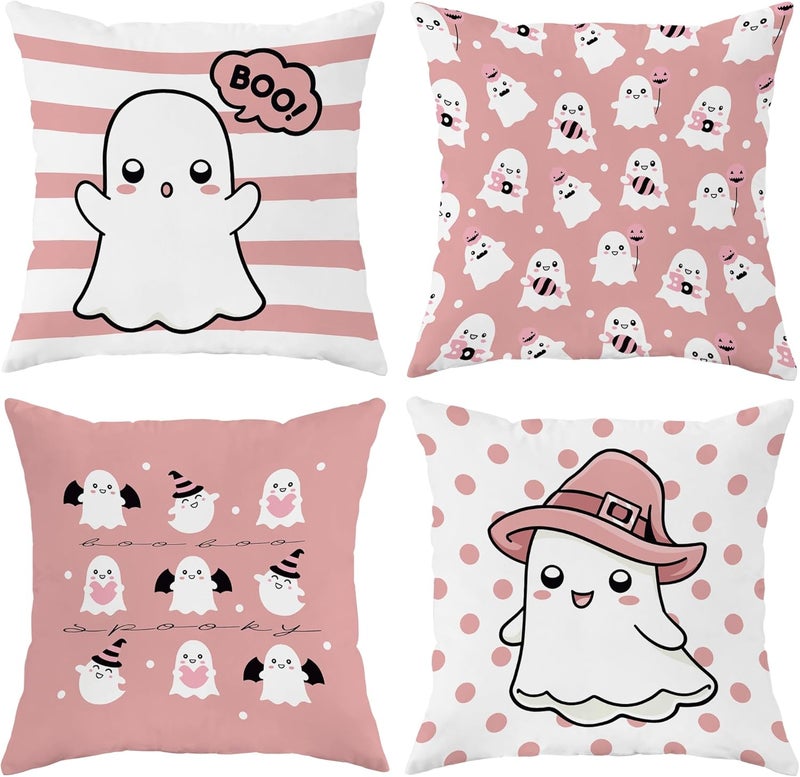 Halloween Throw Pillow Covers Set of 4, Peach Cute Ghost Cushion Cases, Decorative Square Home Decor for Sofa Couch Bed 26x26 Inch - Image 1