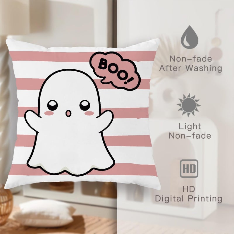 Halloween Throw Pillow Covers Set of 4, Peach Cute Ghost Cushion Cases, Decorative Square Home Decor for Sofa Couch Bed 26x26 Inch - Image 5