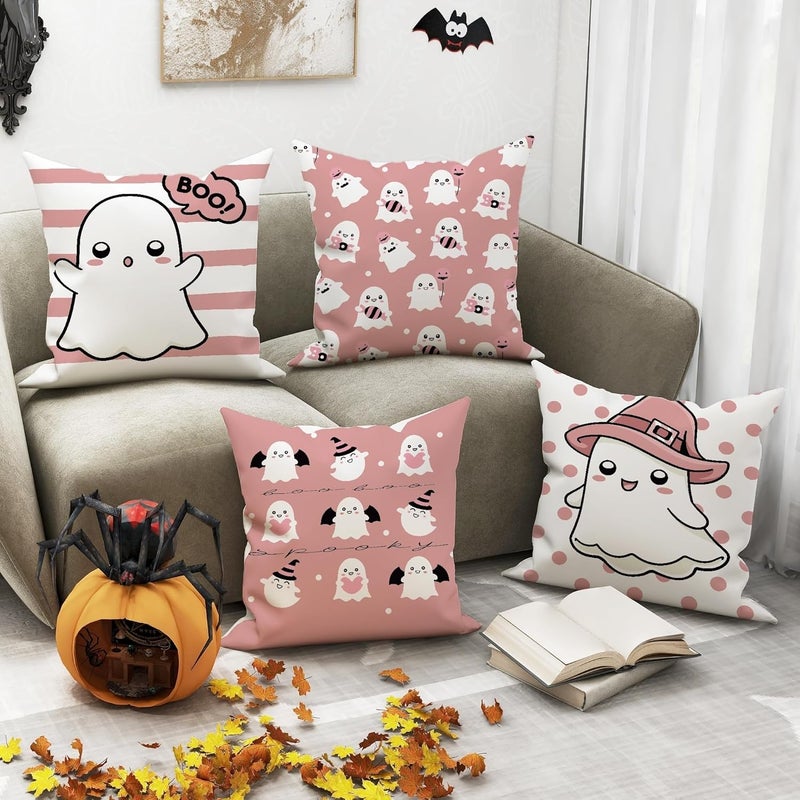 Halloween Throw Pillow Covers Set of 4, Peach Cute Ghost Cushion Cases, Decorative Square Home Decor for Sofa Couch Bed 26x26 Inch - Image 4