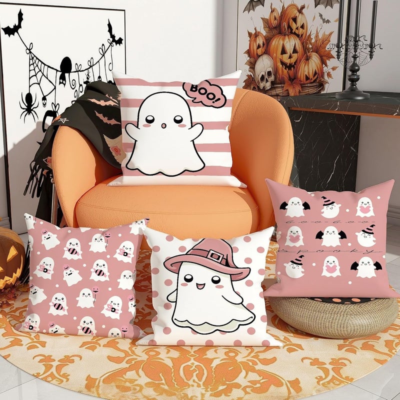 Halloween Throw Pillow Covers Set of 4, Peach Cute Ghost Cushion Cases, Decorative Square Home Decor for Sofa Couch Bed 26x26 Inch - Image 2