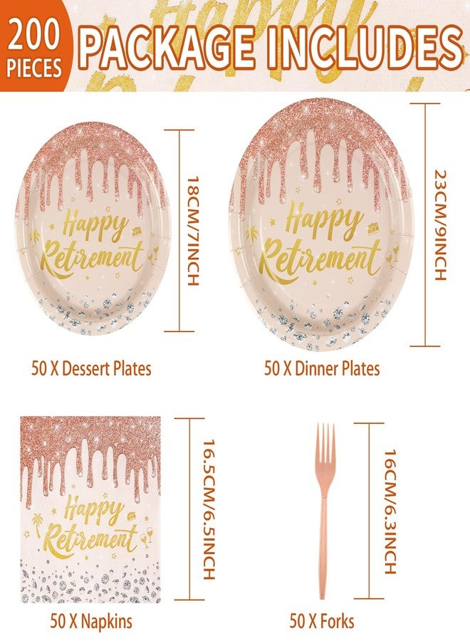 Grencian 200 Pcs Rose Gold Retirement Party Decorations Pink Happy Retirement Paper Plates and Napkins Pink Rose Gold Plate Disposable Diamond Tableware Set for Women Going Away Party Supplies Serves 50 - Image 2