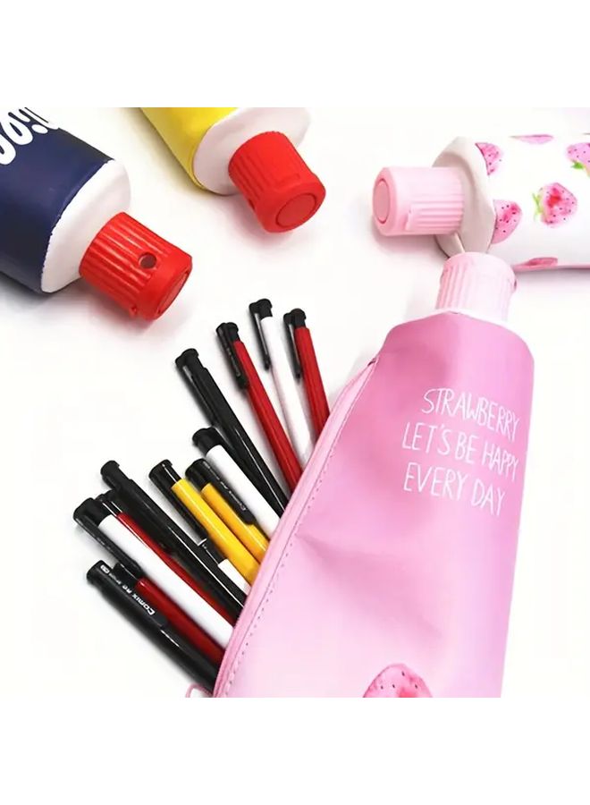 Two Strawberry Pattern Check Pencil Cases Toothpaste Shaped Pencil Box With Built In Sharpener Cute Pink Design - Image 4