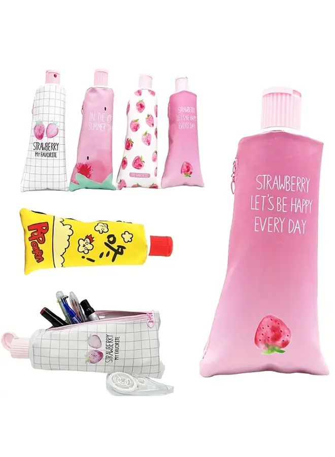 Two Strawberry Pattern Check Pencil Cases Toothpaste Shaped Pencil Box With Built In Sharpener Cute Pink Design - Image 1