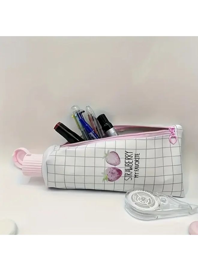 Two Strawberry Pattern Check Pencil Cases Toothpaste Shaped Pencil Box With Built In Sharpener Cute Pink Design - Image 3
