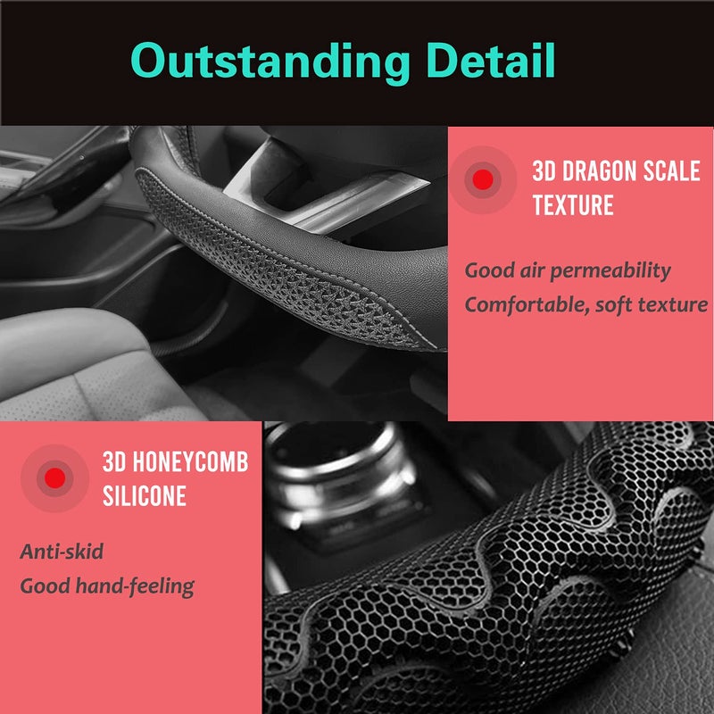 PINCTROT D Shaped 14.5-15 Inch Steering Wheel Cover Great Grip with 3D Honeycomb Anti-Slip Design, Flat Bottom 14.5-15 Inch (All Black) - Image 3