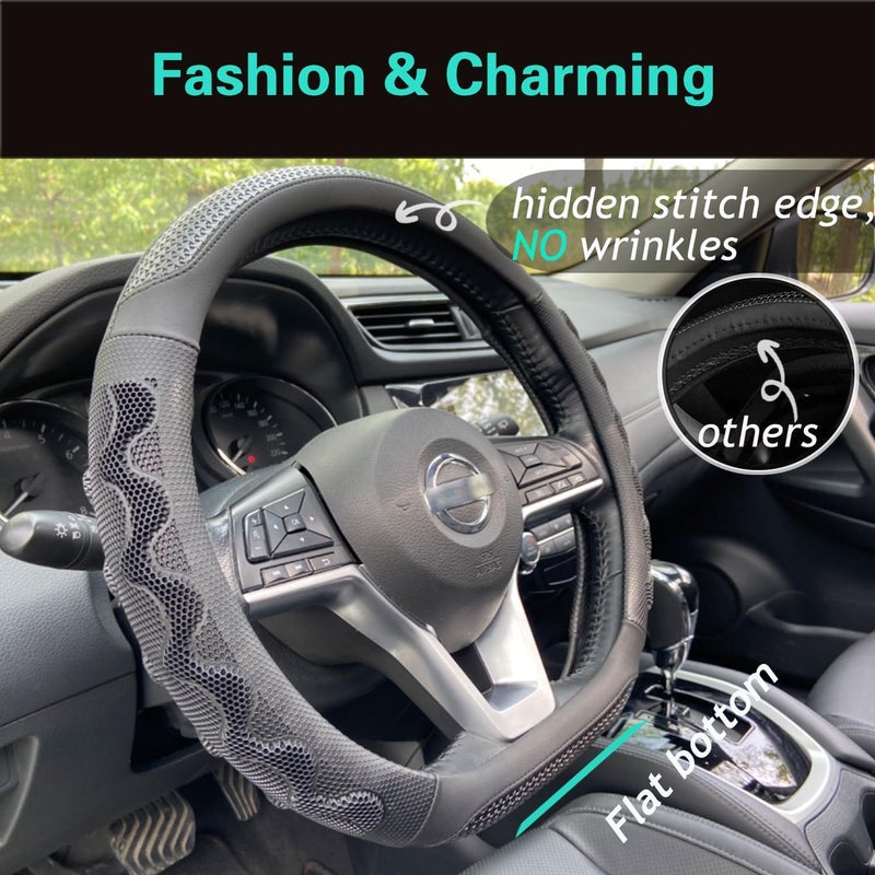 PINCTROT D Shaped 14.5-15 Inch Steering Wheel Cover Great Grip with 3D Honeycomb Anti-Slip Design, Flat Bottom 14.5-15 Inch (All Black) - Image 2