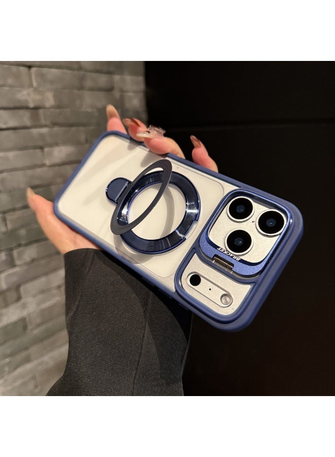 غلاف آيفون 17 برو ماكس المغناطيسي الشفاف بمغطاء العدسة والحامل المزدوج - غلاف واقٍ صادم للصدمات متوافق مع ماج سيف (أزرق) - Image 1