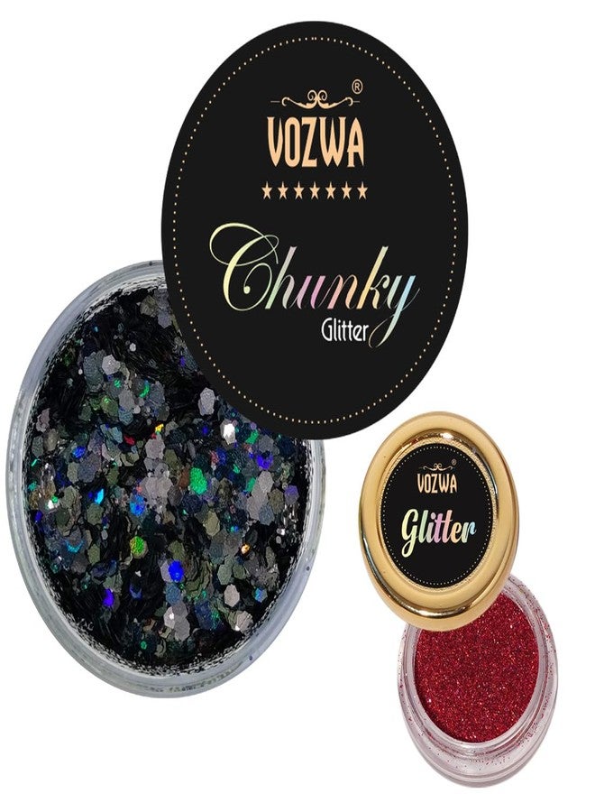 Vozwa Black Beauty Eyeshadow Chunky Glitter and Holographic Red Eye Glitter - Image 2