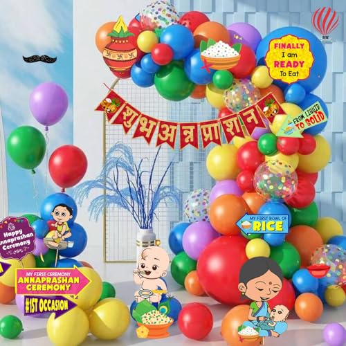 HK Balloons 69Pcs shubh annaprashan decoration items With Photo Booth Paper Props For Rice Ceremony Decorations Backdrop Set - Image 1