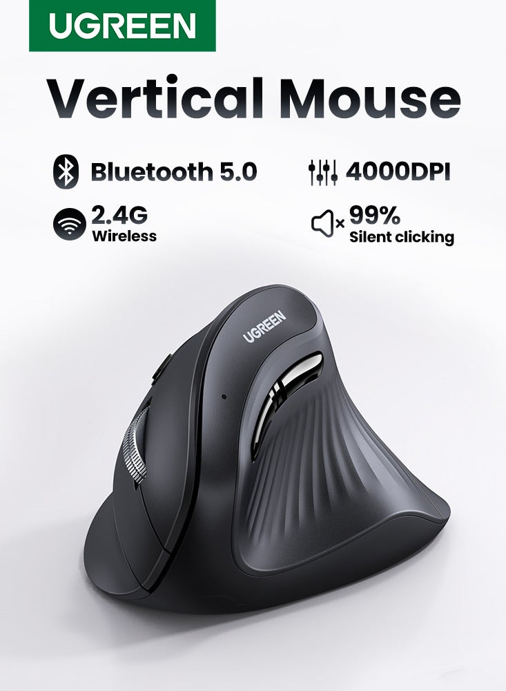 ماوس رأسي مريح، بلوتوث، ماوس لاسلكي مع مستقبل USB، نقرات هادئة، 1000/1600/2000/4000 DPI، خامسة أزرار لللابوب، سطح المكتب، الكمبيوتر الشخصي، ماك بوك أسود