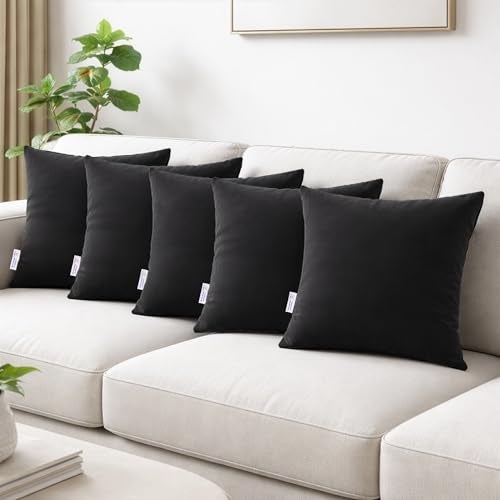 MY ARMOR Microfibre Cushion for Sofa | Set of 5 Soft & Fluffy Square Sofa Cushions | Decorative Sofa Pillows for Bed, Chair, Car & Living Room | Velvet Cover | Black | 16 x 16 Inch - Image 1