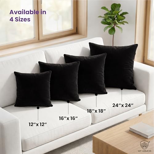 MY ARMOR Microfibre Cushion for Sofa | Set of 5 Soft & Fluffy Square Sofa Cushions | Decorative Sofa Pillows for Bed, Chair, Car & Living Room | Velvet Cover | Black | 16 x 16 Inch - Image 3