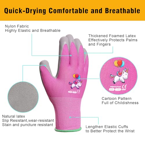 KDK Ages 3-5 Kids Gardening Gloves,Yard Work Gloves for Toddlers, Youth, Girls, Boys, Childrens, Soft Safety Rubber Gloves (XXXS Age 3-5, 3 Pairs Green, Blue&Pink) - Image 5