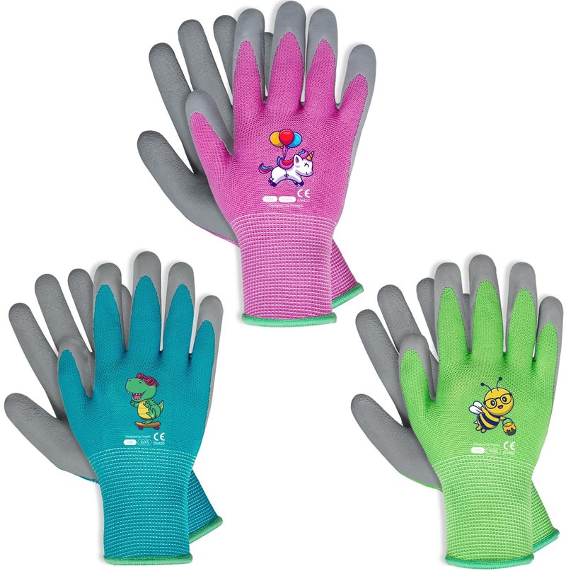 KDK Ages 3-5 Kids Gardening Gloves,Yard Work Gloves for Toddlers, Youth, Girls, Boys, Childrens, Soft Safety Rubber Gloves (XXXS Age 3-5, 3 Pairs Green, Blue&Pink) - Image 1