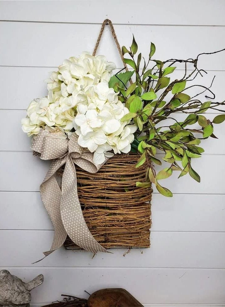 SYOSI Cream Hydrangea Door Hanger Basket Wreath Wildflowe Hanging Basket Wreath Wall Wreath Basket Decor for Seasonal Welcome Sign Front Door Decoration, Spring Hanging Ornament  - Image 1