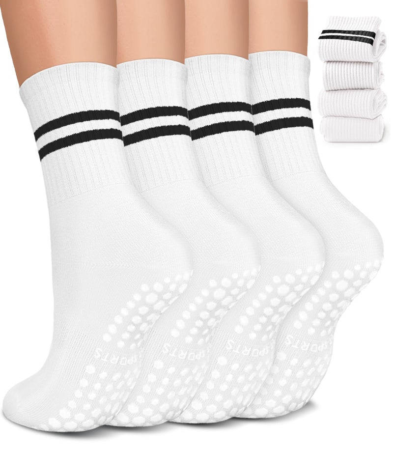 BLONGW Pilates Socks for Women, Non Slip Grip Socks for Yoga, Barre, Hospital, Grippy Socks Womens Gifts Home Workout Dance Ballet Gym Outfits Sticky Barefoot Slipper Non Skid White Socks, 4 Pack - Image 1