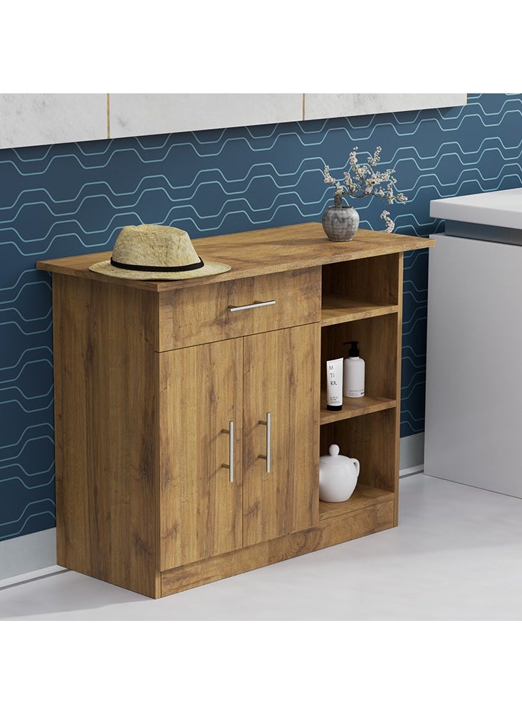 Mahmayi - Mahmayi Stylish Multifunctional Medium Height Cabinet with Single Drawer, 3 Open Shelf Rack and 2 Door Storage Ideal for Hallway, Living Room, Kitchen, Bedroom - Cognac Brown Sherman Oak - Image 1