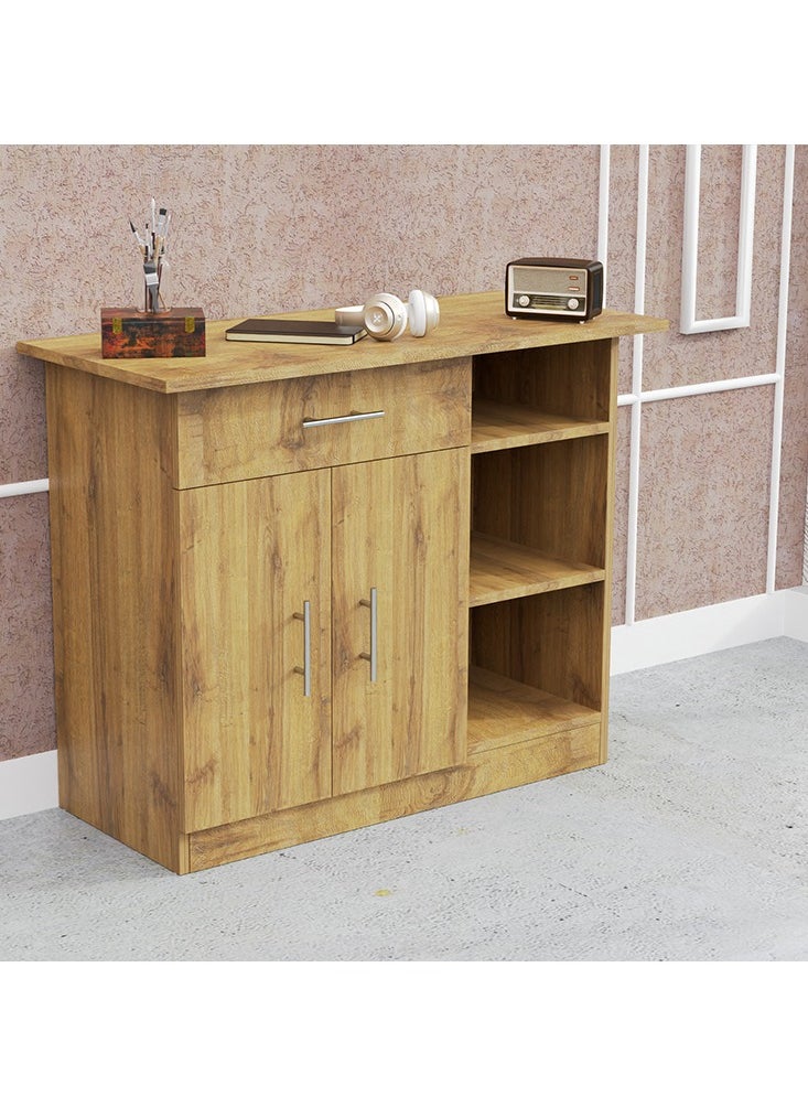 Mahmayi - Mahmayi Stylish Multifunctional Medium Height Cabinet with Single Drawer, 3 Open Shelf Rack and 2 Door Storage Ideal for Hallway, Living Room, Kitchen, Bedroom - Cognac Brown Sherman Oak - Image 1