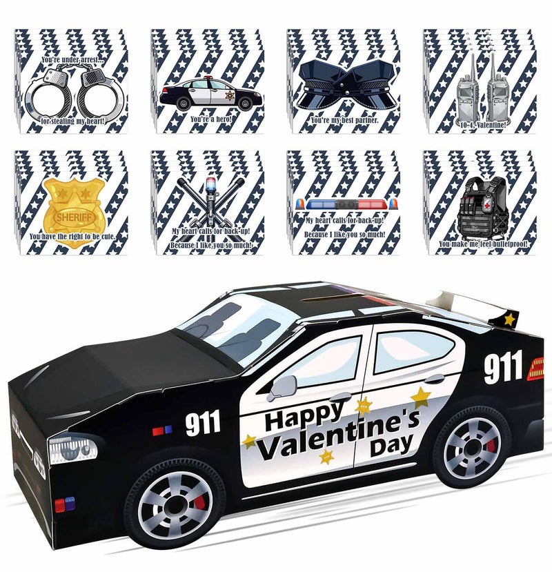 HEIPINIUYE Valentines Cards for Kids 3D Police Car Valentines Day Box for Kids Classroom School Gift Exchange Police Party Decorations Patrol Car Valentine Mailbox with 40 Valentine Cards - Image 1