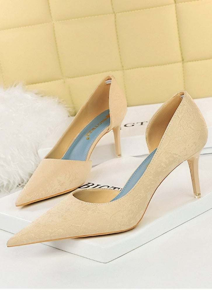 BIGTREE Women's Fashionable And Elegant Side Hollow Stiletto Pumps 7 cm Elegant Gorgeous Closed Pointed Toe Slip On Solid High Heels Beige