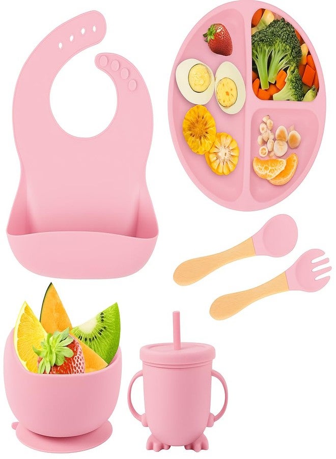 opriQ 6PCS Silicone Baby Feeding Set | Baby-Led Weaning Essentials with Suction Bowl, Divided Plate, Bib, Spoon, Fork & Cup | BPA-Free, Food-Grade, Dishwasher & Microwave Safe (Pastel Pink) - Image 1