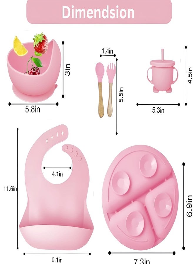 opriQ 6PCS Silicone Baby Feeding Set | Baby-Led Weaning Essentials with Suction Bowl, Divided Plate, Bib, Spoon, Fork & Cup | BPA-Free, Food-Grade, Dishwasher & Microwave Safe (Pastel Pink) - Image 2