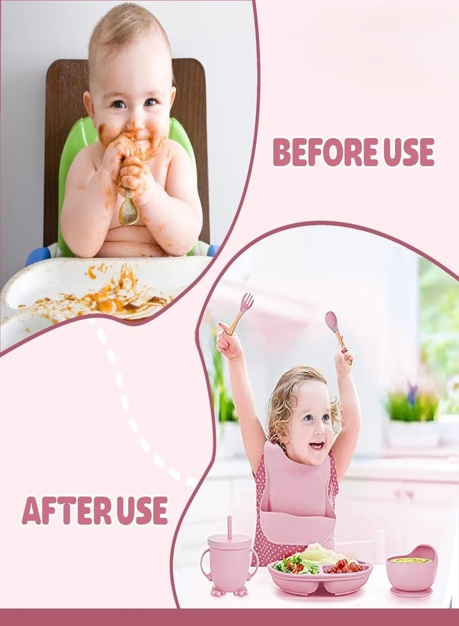 opriQ 6PCS Silicone Baby Feeding Set | Baby-Led Weaning Essentials with Suction Bowl, Divided Plate, Bib, Spoon, Fork & Cup | BPA-Free, Food-Grade, Dishwasher & Microwave Safe (Pastel Pink) - Image 4