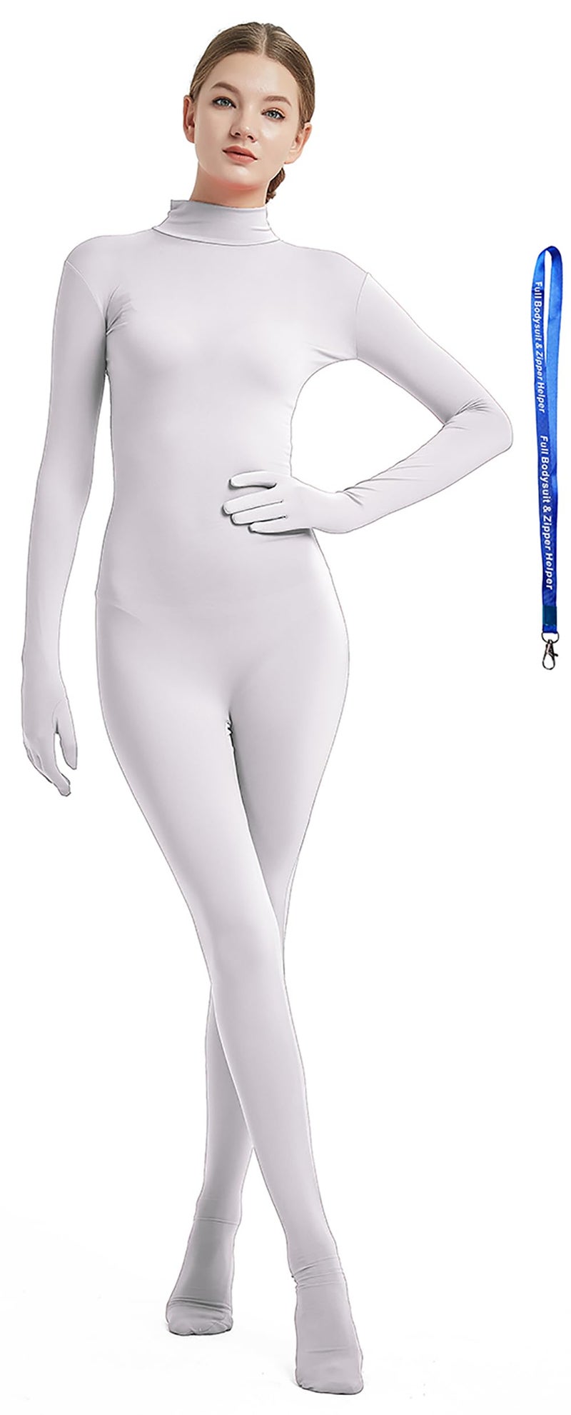Full Bodysuit بدلة كاملة مع سحاب مساعد لزي النساء بدون غطاء رأس سباندكس مرن زينتاي يونيتارد بدلة جسم (صغير، أبيض) - Image 1
