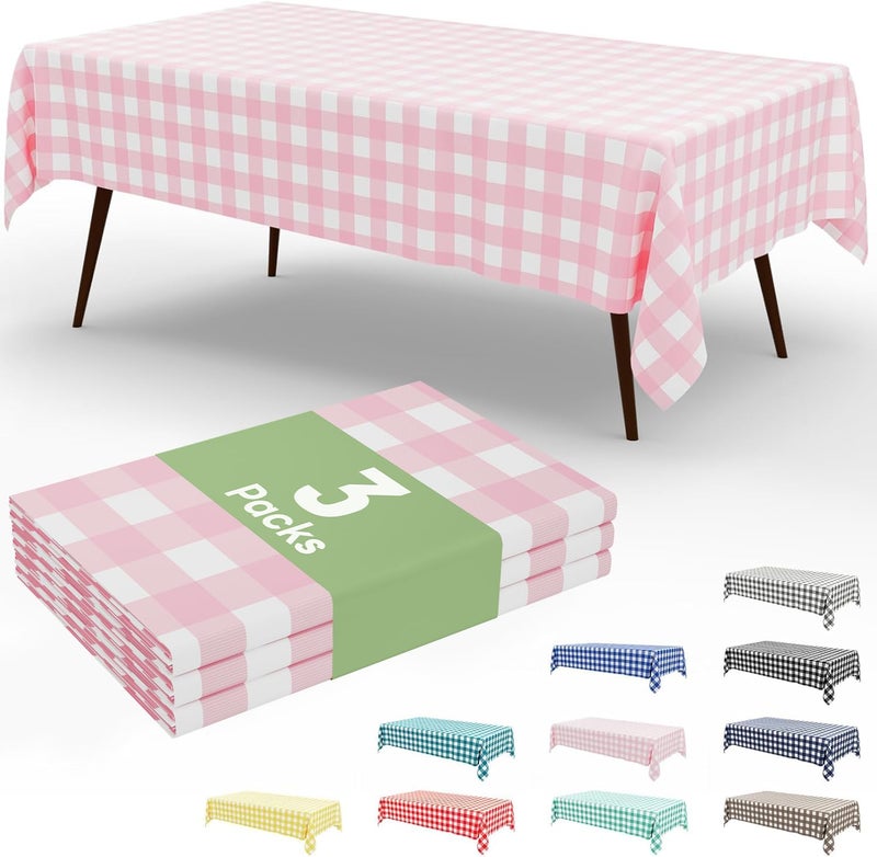 Smiry 3 Pack Pink Gingham Disposable Tablecloths - 54" x 108" Heavy Duty Plastic Table Cloth, Waterproof Buffalo Plaid Table Covers for Picnic, Banquets, Outdoor Parties - Image 1