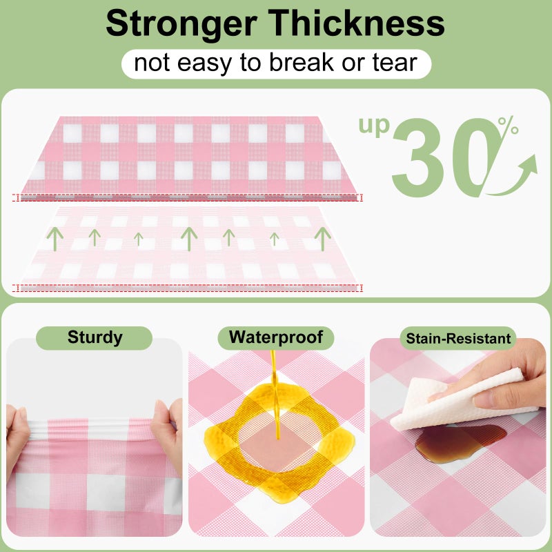 Smiry 3 Pack Pink Gingham Disposable Tablecloths - 54" x 108" Heavy Duty Plastic Table Cloth, Waterproof Buffalo Plaid Table Covers for Picnic, Banquets, Outdoor Parties - Image 3